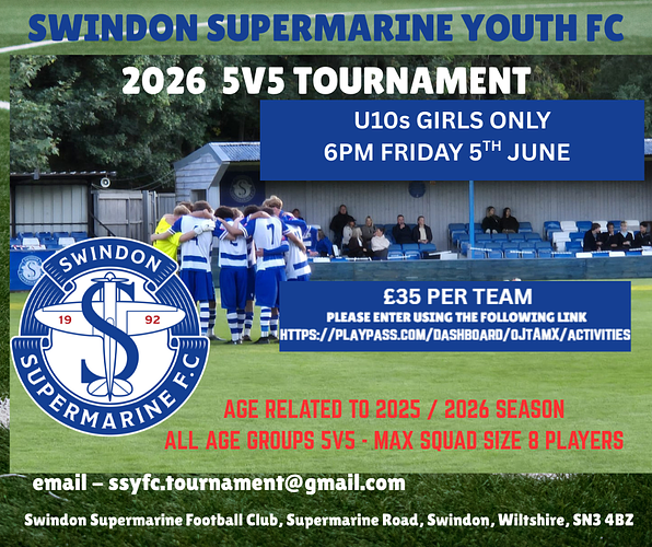 U10 Girls 2026 Swindon Supermarine Tournament - Friday 5/06/2026 - 6pm Kick Off